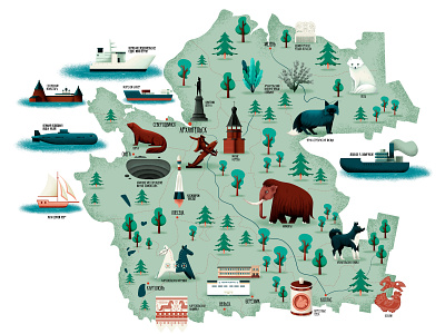 Arkhangelsk region animal art illustration map russia ship tree