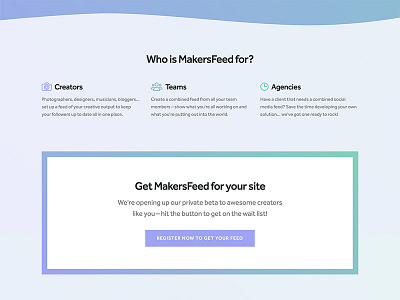 MakersFeed call to action agency designer flat front end development landing page marketing minimal saas typography ui web design