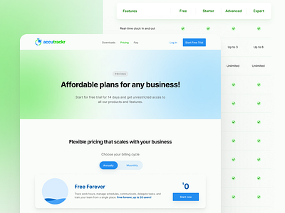 accutrackr - Pricing Page Interface Design blue clean eyecatching friendly green london pastel color price pricing page time time tracking ui ui design ux uxdesign