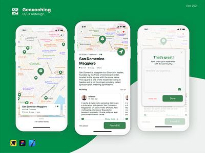 Geocaching Redesign app branding design development figma geocaching green illustration ios miro ui ux vector xcode