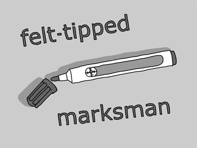 Felt-tipped Marksman black cartoon drawing logo sketch text type white