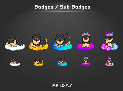 sub badges for twitch / cute dog cartoon cartoon chibi custom logo customemotes cutelogo design dog esportlogo graphicdesign illustration illustrator logo overlay screens streamers subbadges subscriberbadge twitch twitchbadges twitchstreamers