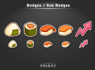 sub badges for twitch / sushi sub badges cartoon cute cartoon chibi custom logo customemotes cutelogo design esportlogo graphicdesign illustration illustrator logo overlay screens streamers subbadges subscriberbadge sushi twitch twitchbadges twitchstreamers