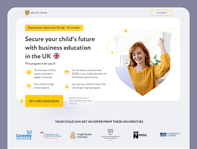 Landing page for an educational project education first screen landing page ui uiux
