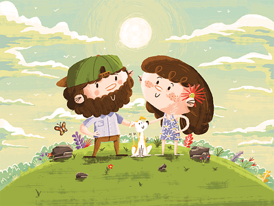 Happily Engaged butterfly cartoon couple dog landscape love