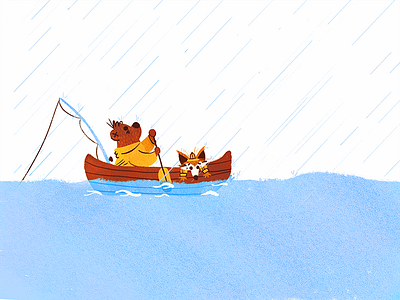 Fishing in the Storm bear boat fishing fox illustration rain sea