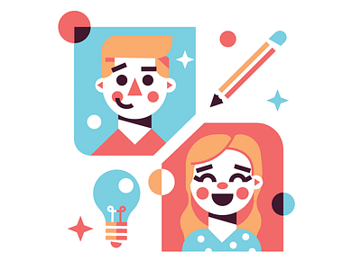 The Team boy character geometric girl icon illustration light bulb pencil shapes vector