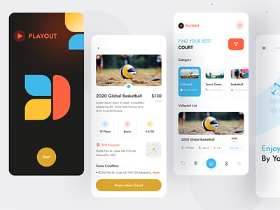 Playout App badminton booking court clean filters hockey interface listrating location minimal design mobile ui design playout reservation court skateboarding tennis ui ux volleyball