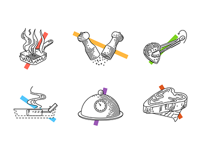 Cooking steak icons cook icon illustration line meat pepper rdc russia desin cup salt sketch steak vector
