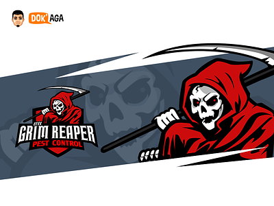 Grim Reaper Pest Control approachable branding character death design friendly happy illustration logo mascot red skull