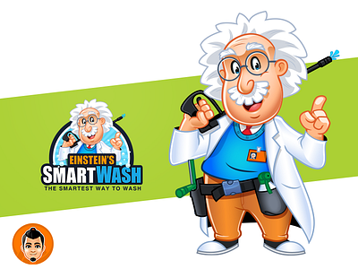 Einstein Wash Logo and Mascot clean eisntein eyeglass intelligent lab coat smart wash