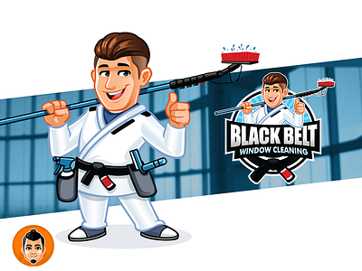 Friendly Black Belter Guy black belt cleaning pole brush window