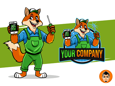 Fox Handyman logo mascot for sale approachable branding cellphone character design fox fox logo friendly hadnyman happy illustration mascot vector