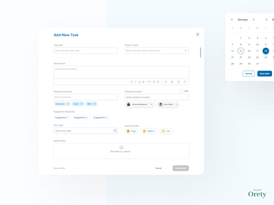 Add new task modal window animation app application calendar crm dashboard date desktop inputs light management minimal minimalism modal popup rates white window