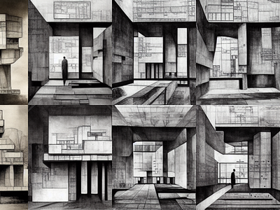 brutalist architect in silent place, technical drawing ai design draw drawing graphic design illustration technical