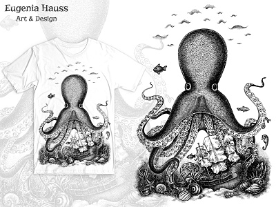 Octopus art artwork cthulhu design marine ocean octopus print sea ship t shirt water