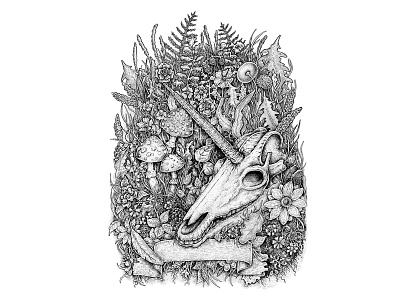 Unicorn Skull artwork drawing fantasy feather flower illustration ink mushroom nature ribbon skull unicorn