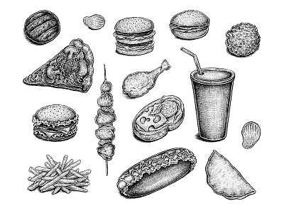 Fast Food black and white chicken chips design drawing fast food fries illustration ink sandwich sketch soda