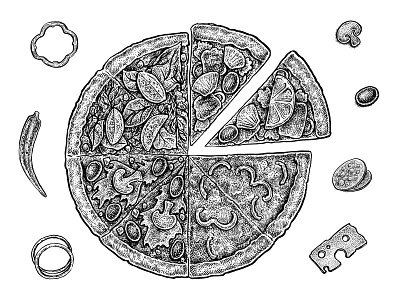 Pizza cheese design drawing fast food illustration ink italian food mushroom olive pizza sketch slice