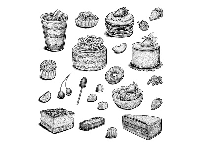 Ink Desserts cake candy chocolate design desserts drawing food illustration ink pastry pie sweets