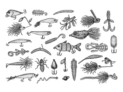 Fishing Lures bait bass design drawing fish fishing hand drawn icon illustration ink lure vector