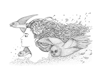 The Spirit of Freedom emotional fish flower fly flying free freedom girl illustration ink owl woman