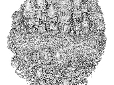 Ghost Castle - Fragment 2 architecture black and white fairy tale fantasy illustration ink landscape nature roots tower
