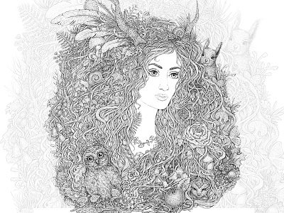 Forest Beauty animal art flowers girl hedgehog illustration ink nature owl squirrel woman wood