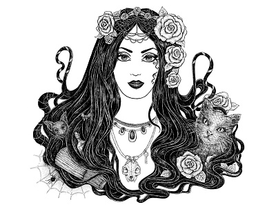 Gothic Beauty art cat character girl goth gothic halloween illustration ink make up rose woman