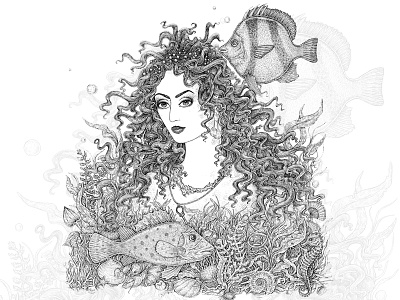 Marine Beauty art black and white fairy tale fantasy fish illustration ink marine mermaid navy sea weed