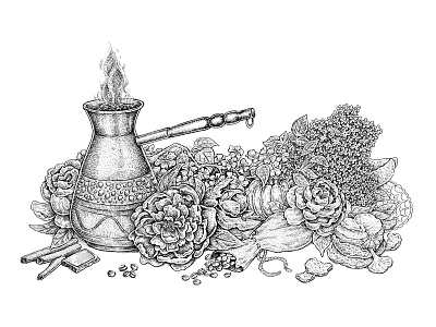 The Aroma Of Summer Morning art artwork black and white coffee coffee beans flowers ink sketch still life tangerine textures