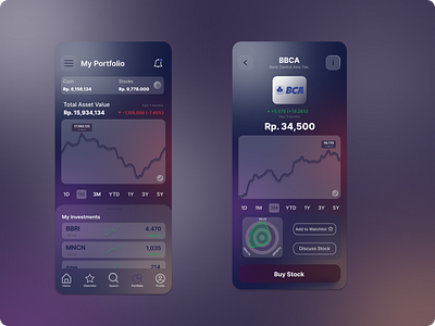 Stock Investing App Design app design glassmorphism invest investing mobile online stock stocks stonk ui ux