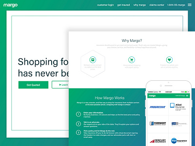 Margo Insurance - New Look blue clean gradient green homepage lander text design white