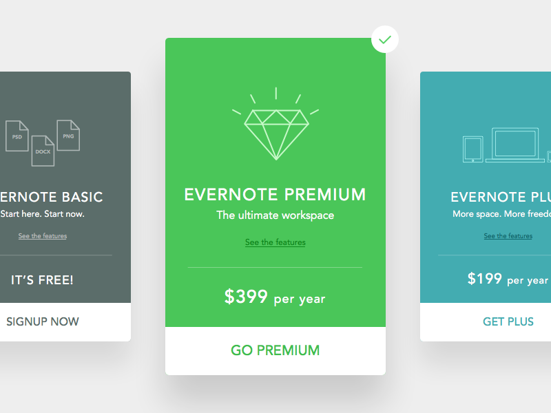 Daily UI - Day 004: Evernote Account Plans evernote ui green flat dailyui concept clean card