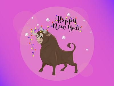 New year bull branding bull cartoon character characterdesign design garlands illustration inscription lettering new year postcard simbol 2021 snowflike vector