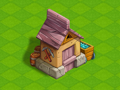 Miner's House barrel cart grass house isometric miner pickaxe stone wood