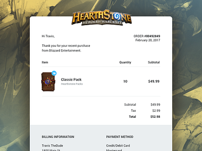 Daily UI 017 - Email Receipt 017 daily ui ecommerce email gaming hearthstone purchase receipt ui ux video game