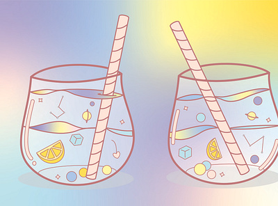 Galaxy Cocktail blue cocktail conceptual cute design drink fun galaxy illustration minimal pastel pink planets purple space straws summer taste vector yellow