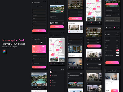 Neomorphic Travel UI Free - Dark app design appdesign corporate design landingpage minimal mobile ui neomorphic neomorphism smooth ui uidesign userexperience userinterface ux