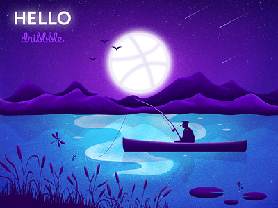 Hello Dribbble! fisherman illustration lake moonshine night noise vector