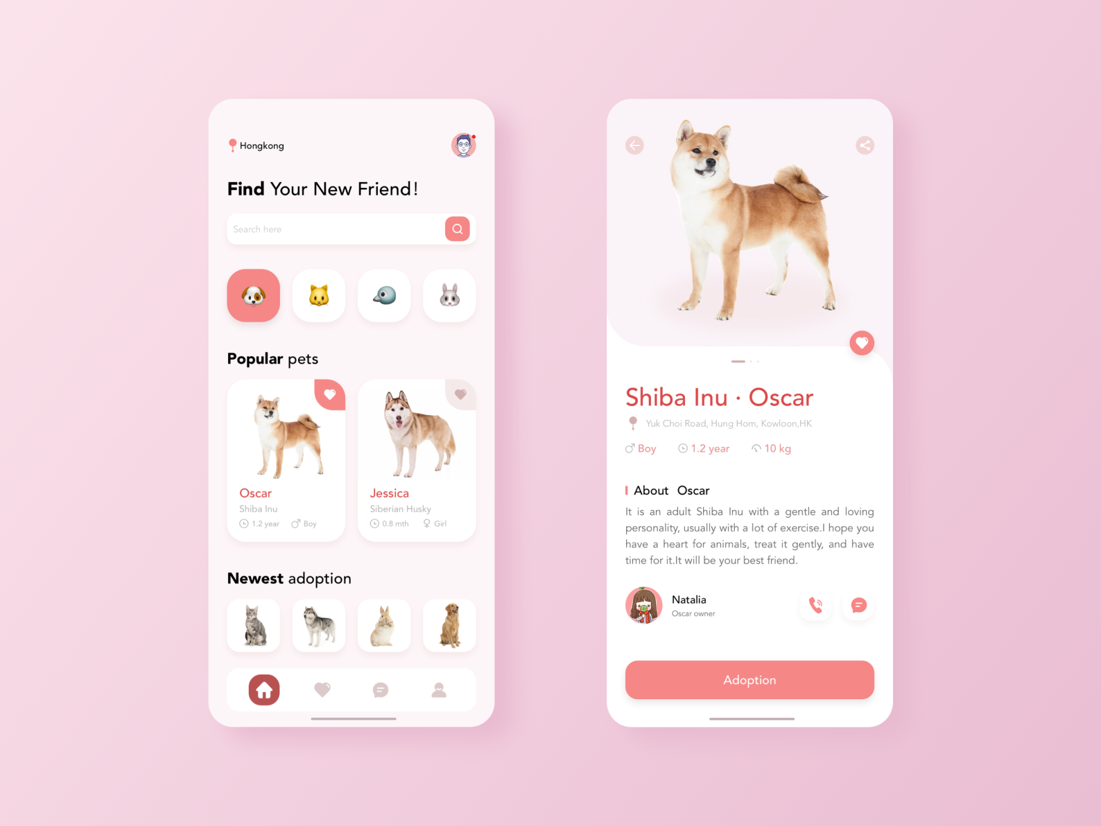 Pink Adopt pets app interface by Bank Yuan on Dribbble