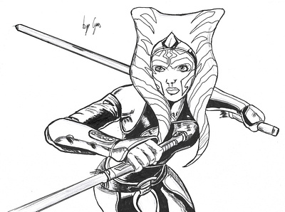 Ahsoka Tano battle drawing illustration military pencil sketch