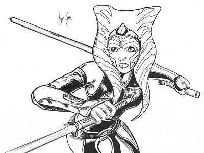 Ahsoka Tano battle drawing illustration military pencil sketch