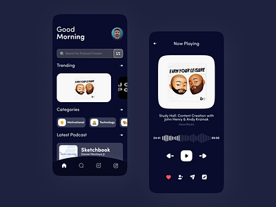 Podcast app UI design app ui dark ui design figma minimal mobile podcast app podcast ui ui