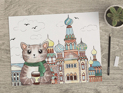 St.Petersburg cat animal architecture cat character city coffee cute graphics liner petersburg postcard poster saint petersburg saint petersburg street travel watercolor