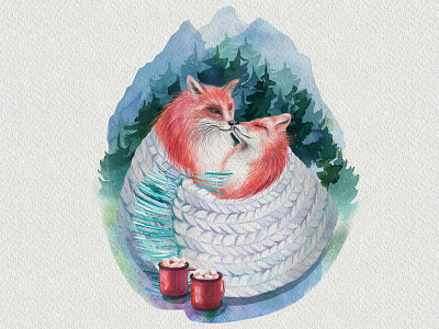 Foxes animal character cold couple digital forest fox hand drawn illustration nature pencil watercolor winter