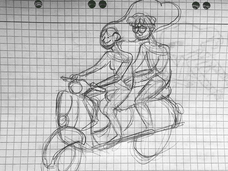 Poster in progress character design couple in progress poster shapes sketch vespa