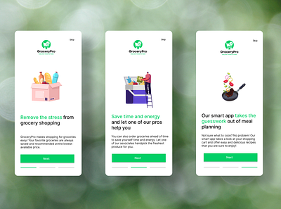 Online Grocery Shopping App Onboarding branding concept concept art dailyui design illustration logo ui ux vector