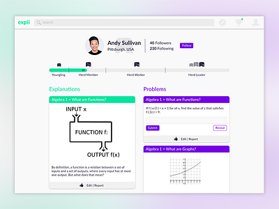 Expii Profile Page Proposal audit cards clean design expii gamify learning math profile proposal simple user