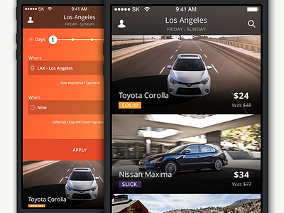 Car rental interface design for iOS car dark filter ios mobile ui